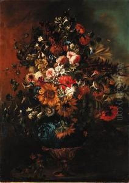 Roses, Sunflowers, Carnations, 
Morning Glory, Lilies And Otherflowers In An Ornamental Vase Oil Painting by Gabriel De La Corte