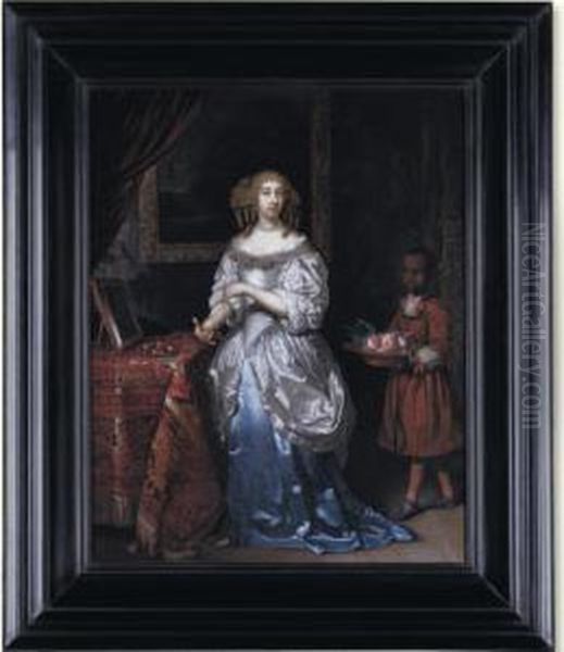 An Interior With A Young Lady In
 A Blue And White Satin Dress, Standing By A Dressing Table With A Page 
Carrying A Bowl Of Peaches Oil Painting by Regnier de La Haye