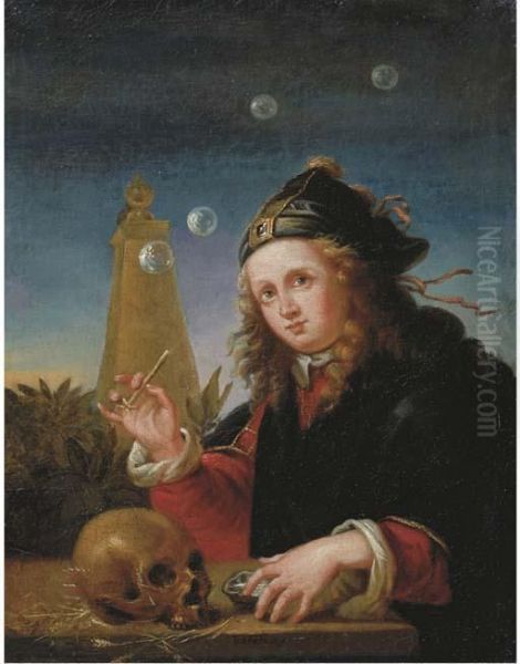 A Young Boy Blowing Soap Bubbles Oil Painting by Regnier de La Haye