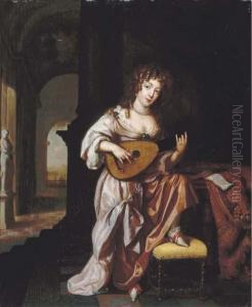 An Elegant Lady Playing The Lute, Seated By A Draped Table, Aterrace Beyond Oil Painting by Regnier de La Haye