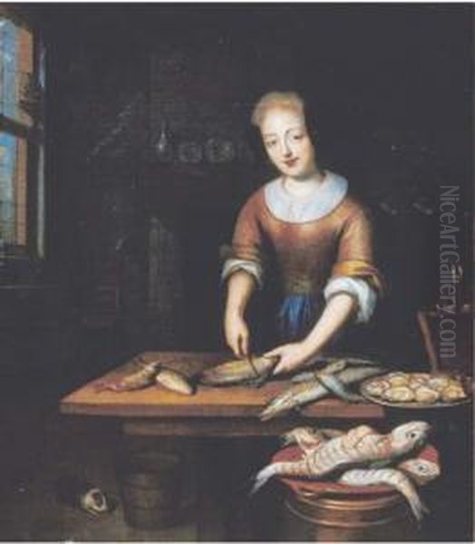 A Young Lady Gutting Fish In An Interior Oil Painting by Regnier de La Haye