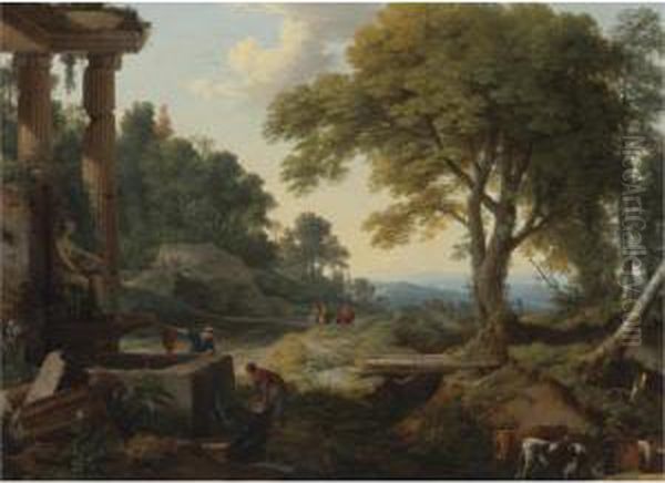 Landscape With Two Women At A 
Fountain, A Herd Of Cows At A Streamand Travellers On Horseback Oil Painting by Laurent De La Hyre