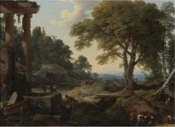 Landscape With Two Women At A 
Fountain, A Herd Of Cows At A Stream And Travelers On Horseback Oil Painting by Laurent De La Hyre