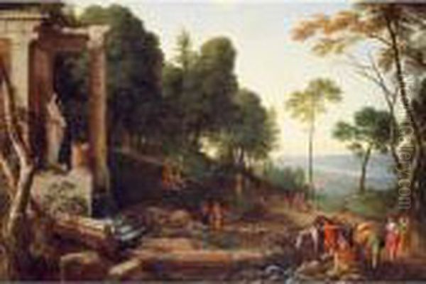 Landscape With Shepherds Watering Their Flocks Oil Painting by Laurent De La Hyre