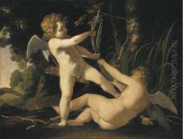 Two Winged Putti Disporting In A Landscape Oil Painting by Laurent De La Hyre