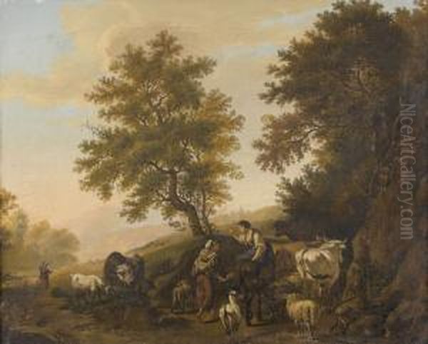 Landschaftspartie Mit Bauerinnen Und Viehherde An Einem Weg Oil Painting by Pierre Louis De La Rive