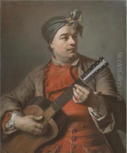 Portrait Of Jacques Dumont Le Romain Playing The Guitar Oil Painting by Maurice Quentin de La Tour