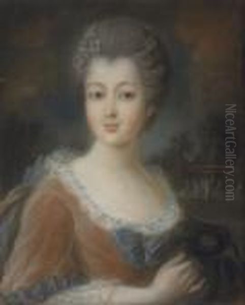 Portrait Of A Woman, Bust-length, With Flowers In Her Hair And Holding A Carnival Mask Oil Painting by Maurice Quentin de La Tour