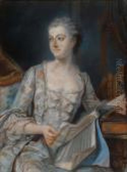 Madame De Pompadourhalf-length, Seated, In An Interior Oil Painting by Maurice Quentin de La Tour