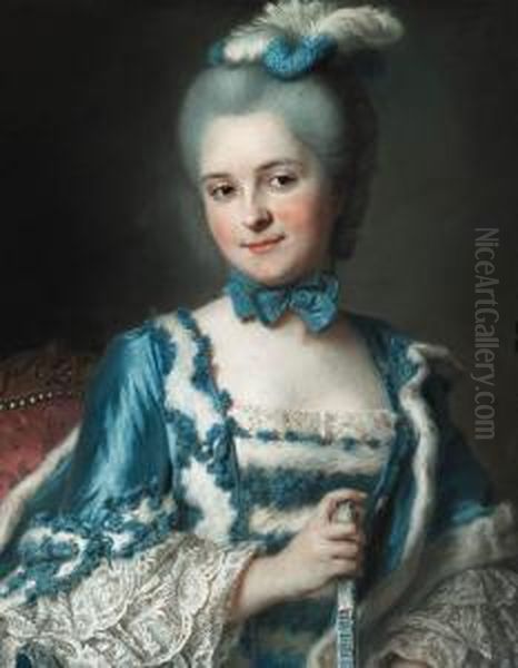 Portrait Of Madame Cailloux 
Bust-length, Wearing A Blue Dress Andholding A Fan, Seated On A Louis Xv
 Chair Oil Painting by Maurice Quentin de La Tour