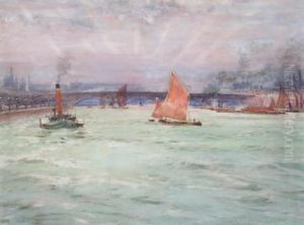 Barges And Paddle Tug On The Thames, Beforewaterloo Bridge Oil Painting by Charles John de Lacy