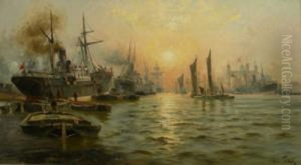 Shipping In The Port Of London Oil Painting by Charles John de Lacy