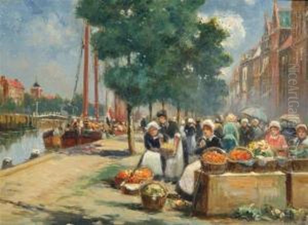 A Flanders Market Place Oil Painting by Charles John de Lacy