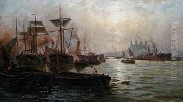 Shipping On The Thames, With The Tower Beyond Oil Painting by Charles John de Lacy