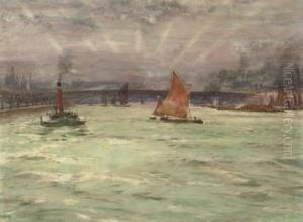 Sail Boats And A Paddle Steamer On The Thames Oil Painting by Charles John de Lacy