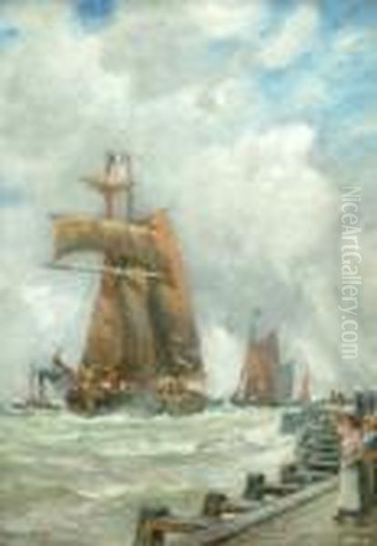 Figures On A Pier With Shipping Beyond On Rough Seas Oil Painting by Charles John de Lacy