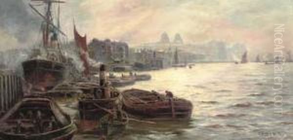 The Busy Docks At Greenwich Oil Painting by Charles John de Lacy