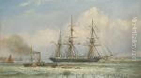 A Three-master And A Paddle Steamer In An Estuary Oil Painting by Charles John de Lacy