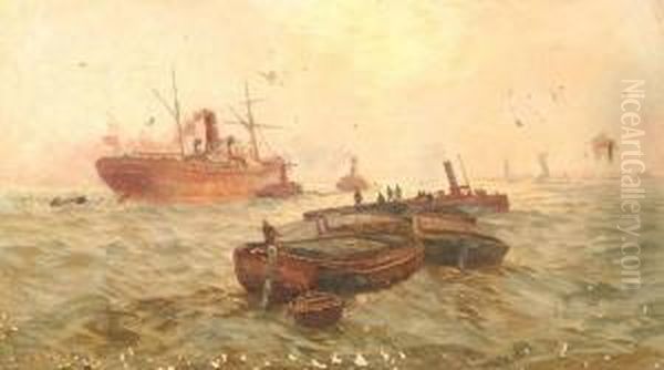 Ships In Harbor Oil Painting by Charles John de Lacy