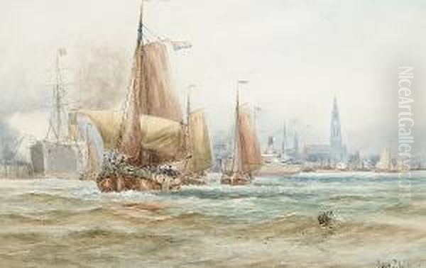 Shipping In A Dutch Harbour; A Dutch Barge On A Canal Oil Painting by Charles John de Lacy