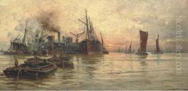 The Bustling Thames At Dusk Oil Painting by Charles John de Lacy