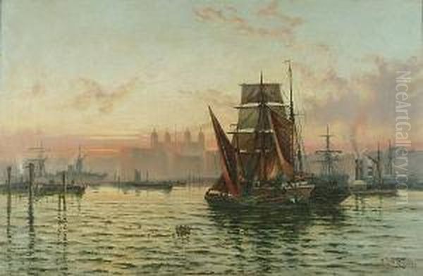 Shipping On The Thames At Dusk, With The Tower Of London In The Background Oil Painting by Charles John de Lacy