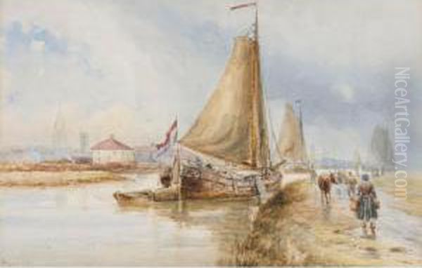 Shipping In Harbour; The Hay Barge At Its Mooring Oil Painting by Charles John de Lacy