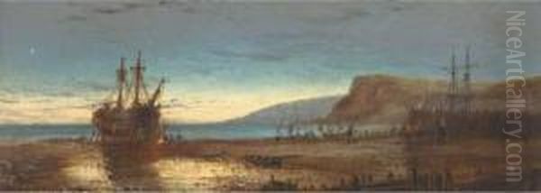 A Hulk On A Beach At Dusk Oil Painting by Charles John de Lacy