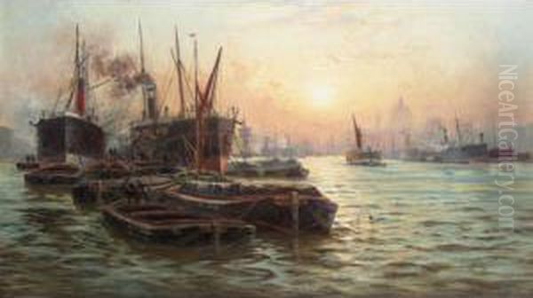 Shipping On The Thames At Sunset With St Paul's In The Distance Oil Painting by Charles John de Lacy