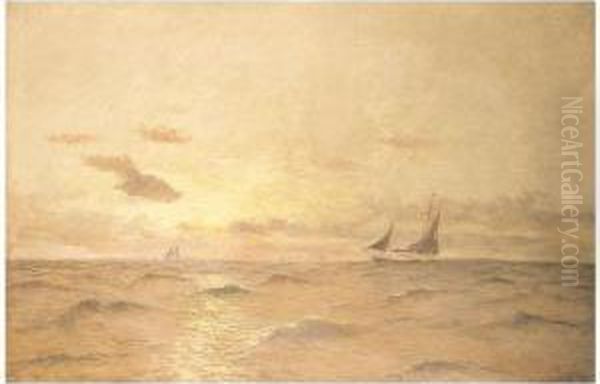 Seascape At Sunset With Fishing Boats Oil Painting by Charles John de Lacy