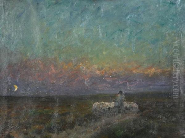 Shepherd In Moonlight Oil Painting by Alois De Laet