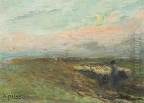 Schepherd At Sunset Oil Painting by Alois De Laet