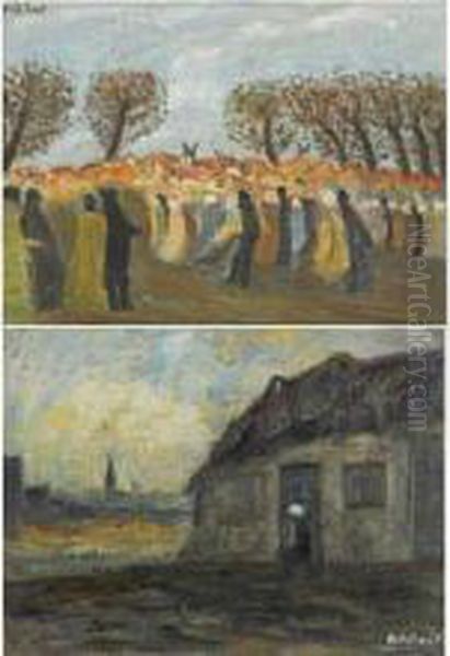 Procession And A Figure Near A Farmhouse Oil Painting by Alois De Laet