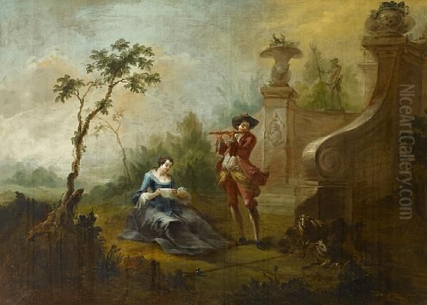 Figures Beside Ruins In A Landscape Oil Painting by Jacques de Lajoue