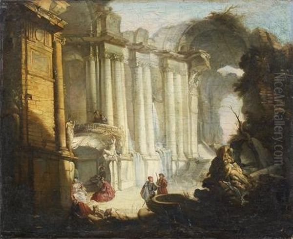 Les Ruines D'une Galerie Romaine Avec Des Elegants Au Pied D'une Fontaine Oil Painting by Jacques de Lajoue