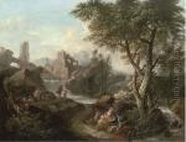 Travellers, Shepherds And Their Flock Resting Before A River Oil Painting by Jacques de Lajoue