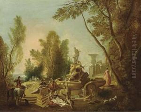 Elegant Company Making Music And
 Resting Near A Sculpted Fountain Of Diana In A Park Landscape Oil Painting by Jacques de Lajoue