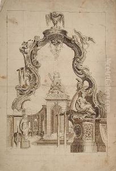 View, Within A Rococo Cartouche, Of A Fantasy Courtyard With A Colonnade Surmounted By 
 Seated On A Fountain: Design For An Allegorical Frontispiece Oil Painting by Jacques de Lajoue