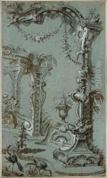 A Rocaille Fantasy With A Garden
 Decorated With A Rococo Trellis, A Fountain With Two Dolphins In The 
Background And Two Herons In The Foreground Oil Painting by Jacques de Lajoue