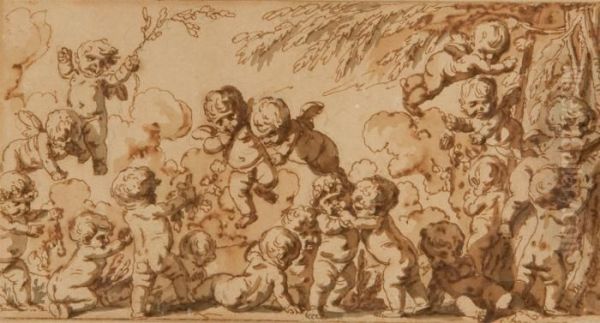 Putti Jouant Avec De La Vegetation Pres D'un Arbre Oil Painting by Louis-Felix De Larue