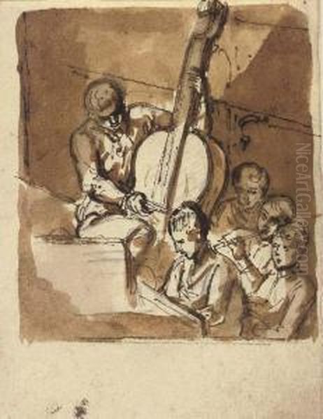 Musicians Playing The Double Bass Oil Painting by Etienne de Lavallee-Poussin