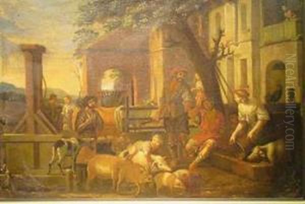 Farmyard Scene Oil Painting by Etienne de Lavallee-Poussin