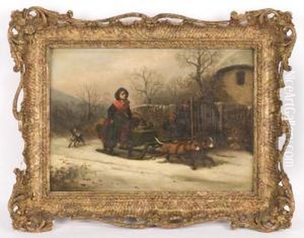 A Snow Scene With A Girl Riding A Sledge Pulled By Dogs Oil Painting by Alexis de Leeuw