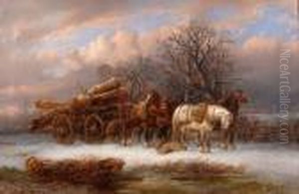 Timber Wagon In Winter Oil Painting by Alexis de Leeuw