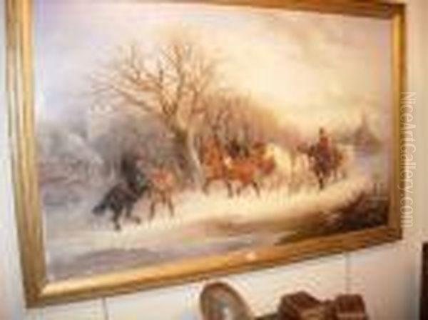 A Snow Covered Landscape With Horses And Riders Oil Painting by Alexis de Leeuw