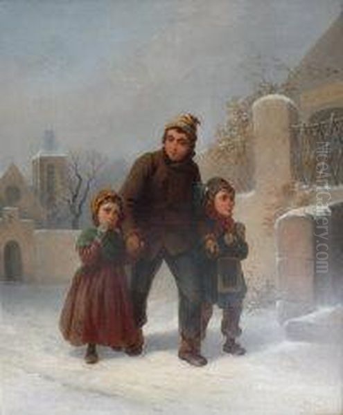 Off To School Oil Painting by Alexis de Leeuw