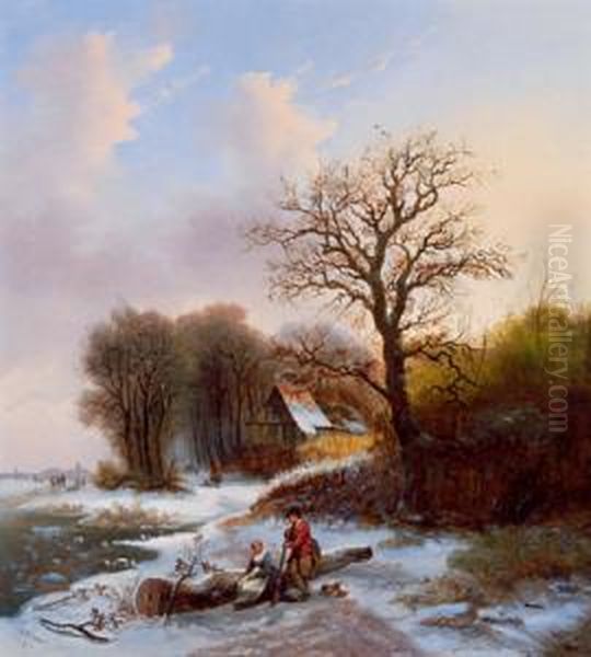 Paesaggio Invernale Con Figure Accessorie Oil Painting by Alexis de Leeuw