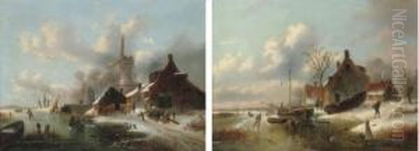 Figures Skating By A Windmill; And Skaters By A Farmstead On A Dutch Waterway Oil Painting by Alexis de Leeuw