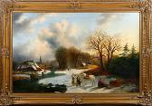 A Dutch Winter Scenery With Frozen River, Wood Gatherer And Figures. Signed Oil Painting by Alexis de Leeuw