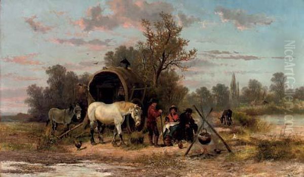 A Gipsy Family Preparing Supper Oil Painting by Alexis de Leeuw